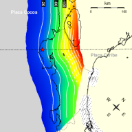 Mapa que muestra a color la profundidad de la zona de subduccion de la placa cocos con respecto a la placa Caribe